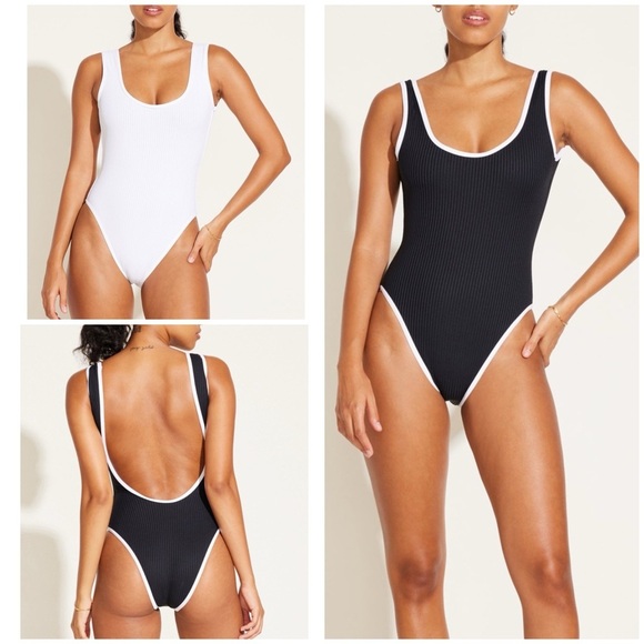New Vitamin A Reese Reversible One Piece Swimsuit Low Back Black White Sz L - Picture 1 of 13
